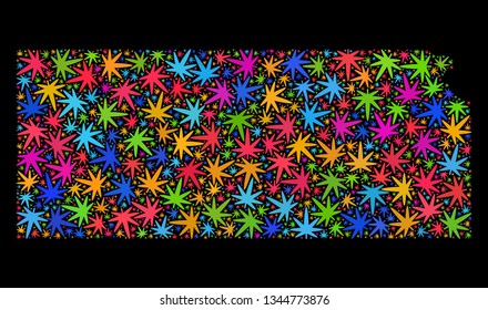 Bright vector cannabis Kansas State map collage on a black background. Concept with bright weed leaves for hemp legalize campaign. Vector Kansas State map is constructed with weed leaves.