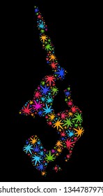 Bright vector cannabis Koh Phi Leh map collage on a black background. Template with colored weed leaves for cannabis legalize campaign.