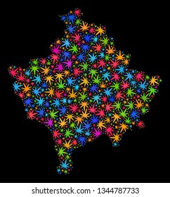 Bright vector cannabis Kosovo map collage on a black background. Template with multi-colored herbal leaves for marijuana legalize campaign. Vector Kosovo map is formed with cannabis leaves.