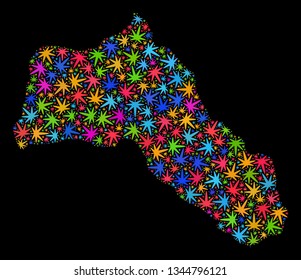 Bright vector cannabis Kurdistan map collage on a black background. Concept with colorful weed leaves for weed legalize campaign. Vector Kurdistan map is formed from weed leaves.