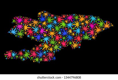 Bright vector cannabis Kyrgyzstan map mosaic on a black background. Template with bright weed leaves for weed legalize campaign. Vector Kyrgyzstan map is constructed of weed leaves.