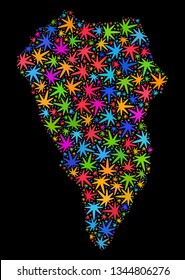 Bright vector cannabis La Palma Island map mosaic on a black background. Template with multi-colored weed leaves for marijuana legalize campaign.