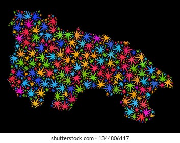Bright vector cannabis La Rioja of Spain map collage on a black background. Concept with bright weed leaves for marijuana legalize campaign.