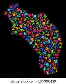 Bright vector cannabis La Rioja of Argentina map mosaic on a black background. Concept with bright herbal leaves for weed legalize campaign.