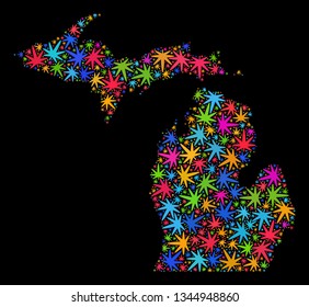 Bright vector cannabis Michigan State map mosaic on a black background. Concept with bright weed leaves for cannabis legalize campaign. Vector Michigan State map is composed from ganja leaves.
