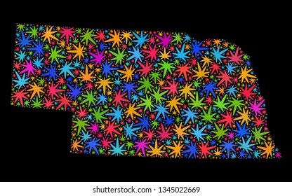 Bright vector cannabis Nebraska State map collage on a black background. Concept with psychedelic herbal leaves for cannabis legalize campaign. Vector Nebraska State map is composed of herbal leaves.