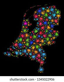 Bright vector cannabis Netherlands map mosaic on a black background. Concept with bright herbal leaves for weed legalize campaign. Vector Netherlands map is created from weed leaves.