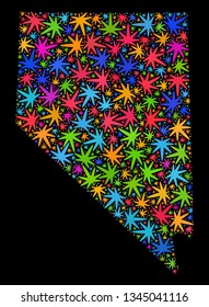Bright vector cannabis Nevada State map collage on a black background. Concept with psychedelic herbal leaves for cannabis legalize campaign. Vector Nevada State map is created of herbal leaves.