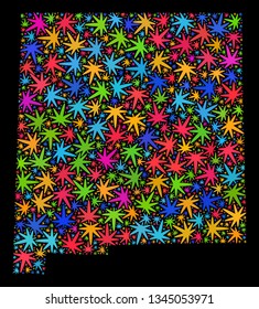 Bright vector cannabis New Mexico State map mosaic on a black background. Template with bright weed leaves for weed legalize campaign. Vector New Mexico State map is constructed with weed leaves.