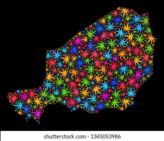 Bright vector cannabis Niger map mosaic on a black background. Template with colored herbal leaves for cannabis legalize campaign. Vector Niger map is designed of cannabis leaves.
