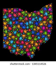 Bright vector cannabis Ohio State map mosaic on a black background. Concept with bright weed leaves for cannabis legalize campaign. Vector Ohio State map is created of weed leaves.