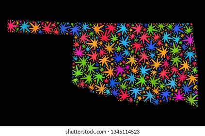 Bright vector cannabis Oklahoma State map collage on a black background. Concept with psychedelic weed leaves for cannabis legalize campaign. Vector Oklahoma State map is organized with weed leaves.