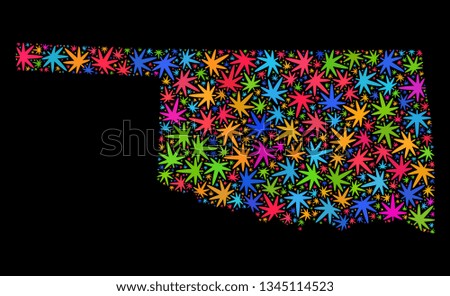 Bright vector cannabis Oklahoma State map collage on a black background. Concept with psychedelic weed leaves for cannabis legalize campaign. Vector Oklahoma State map is organized with weed leaves.