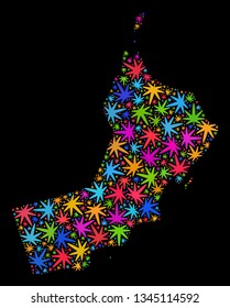 Bright vector cannabis Oman map mosaic on a black background. Template with bright weed leaves for cannabis legalize campaign. Vector Oman map is constructed with cannabis leaves.