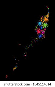 Bright vector cannabis Palau map mosaic on a black background. Concept with bright herbal leaves for cannabis legalize campaign. Vector Palau map is constructed with weed leaves.