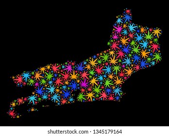 Bright vector cannabis Piaui State map mosaic on a black background. Template with bright weed leaves for weed legalize campaign. Vector Piaui State map is organized with weed leaves.