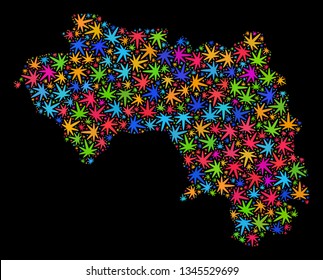 Bright vector cannabis Republic of Guinea map mosaic on a black background. Template with bright weed leaves for weed legalize campaign. Vector Republic of Guinea map is organized from weed leaves.