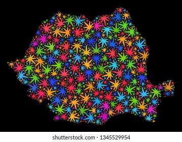Bright vector cannabis Romania map collage on a black background. Template with colored weed leaves for weed legalize campaign. Vector Romania map is organized with marijuana leaves.