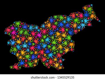 Bright vector cannabis Slovenia map mosaic on a black background. Concept with psychedelic herbal leaves for cannabis legalize campaign. Vector Slovenia map is formed with cannabis leaves.