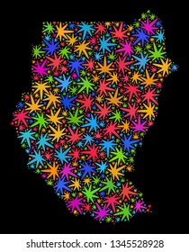 Bright vector cannabis Sudan map mosaic on a black background. Concept with colored weed leaves for weed legalize campaign. Vector Sudan map is organized with cannabis leaves.