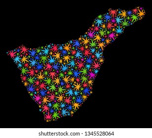 Bright vector cannabis Tenerife map mosaic on a black background. Concept with multi-colored weed leaves for weed legalize campaign. Vector Tenerife map is composed of cannabis leaves.