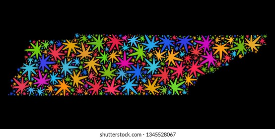 Bright vector cannabis Tennessee State map mosaic on a black background. Template with bright herbal leaves for weed legalize campaign. Vector Tennessee State map is created with herbal leaves.