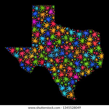 Bright vector cannabis Texas State map mosaic on a black background. Template with multi-colored weed leaves for hemp legalize campaign. Vector Texas State map is organized with weed leaves.