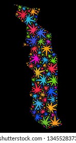 Bright vector cannabis Togo map collage on a black background. Concept with colored herbal leaves for cannabis legalize campaign. Vector Togo map is formed with herbal leaves.