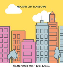 Bright vector card template with city street in thin line style