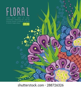 Bright vector card template with colorful flowers on green background