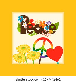 Bright vector card template with hippie style peace and peace symbols