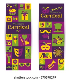 Bright vector carnival banners and sign Welcome to Carnival. Retro style.