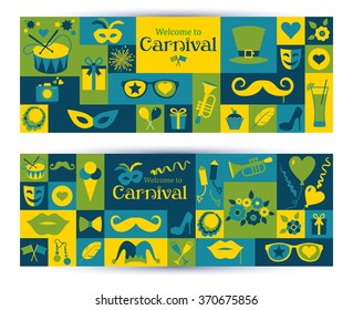 Bright vector carnival banners and sign Welcome to Carnival. Retro style.