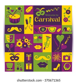 Bright vector carnival card and sign Welcome to Carnival. Retro style.