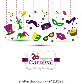 Bright vector carnival with icon in flat style and sign Welcome to Carnival. Vector design illustration of celebration.