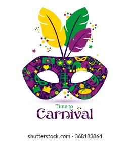 Bright vector carnival icons mask and sign Time to Carnival!