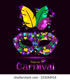 Bright vector carnival icons mask with feathers and sign Time to Carnival!