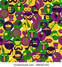 Bright vector carnival icons. Seamless pattern.