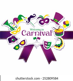 Bright vector carnival icons and sign Welcome to Carnival