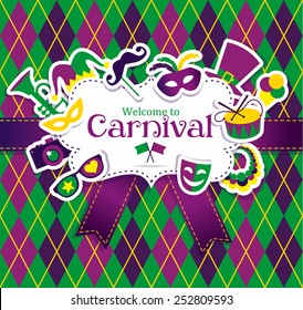 Bright vector carnival icons and sign Welcome to Carnival