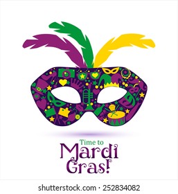 Bright vector carnival icons and sign Time to Mardi Gras!