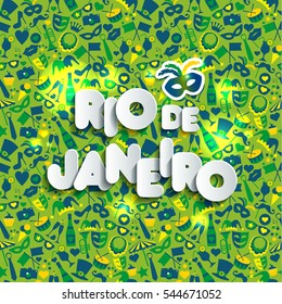 Bright vector carnival illustration on seamless pattern. Carnival, spring, text of paper style. Rio de Janeiro.