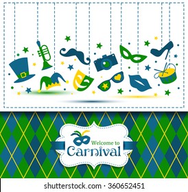 Bright vector carnival illustration and sign Welcome to Carnival