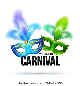 Bright vector carnival masks with feathers and black sign Welcome to Carnival