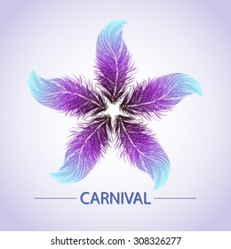 Bright vector carnival masks and feathers on blue inscription Carnival. Venice or Brazil. 3d vector illustration.
