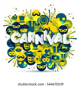 Bright vector carnival and sign Carnival illustration on multicolors icons. Carnival, spring, text of paper style.