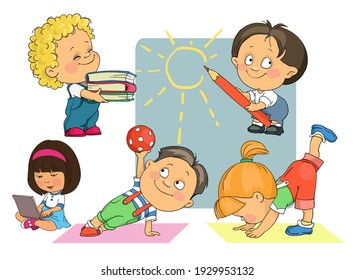 Bright vector cartoon. Children play, do gymnastics, study. Isolated objects.