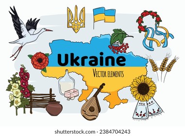 Bright vector cartoon illustration Ukraine with a set of symbols and elements