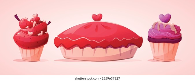 Bright vector cartoon isolated illustrations, set of delicious cupcakes topped with pink frosting, chocolate drizzle, heart decoration. Baking, desserts, celebrations, and Valentine's Day themes