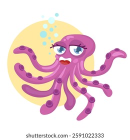 Bright vector cartoon octopus purple without stroke.
